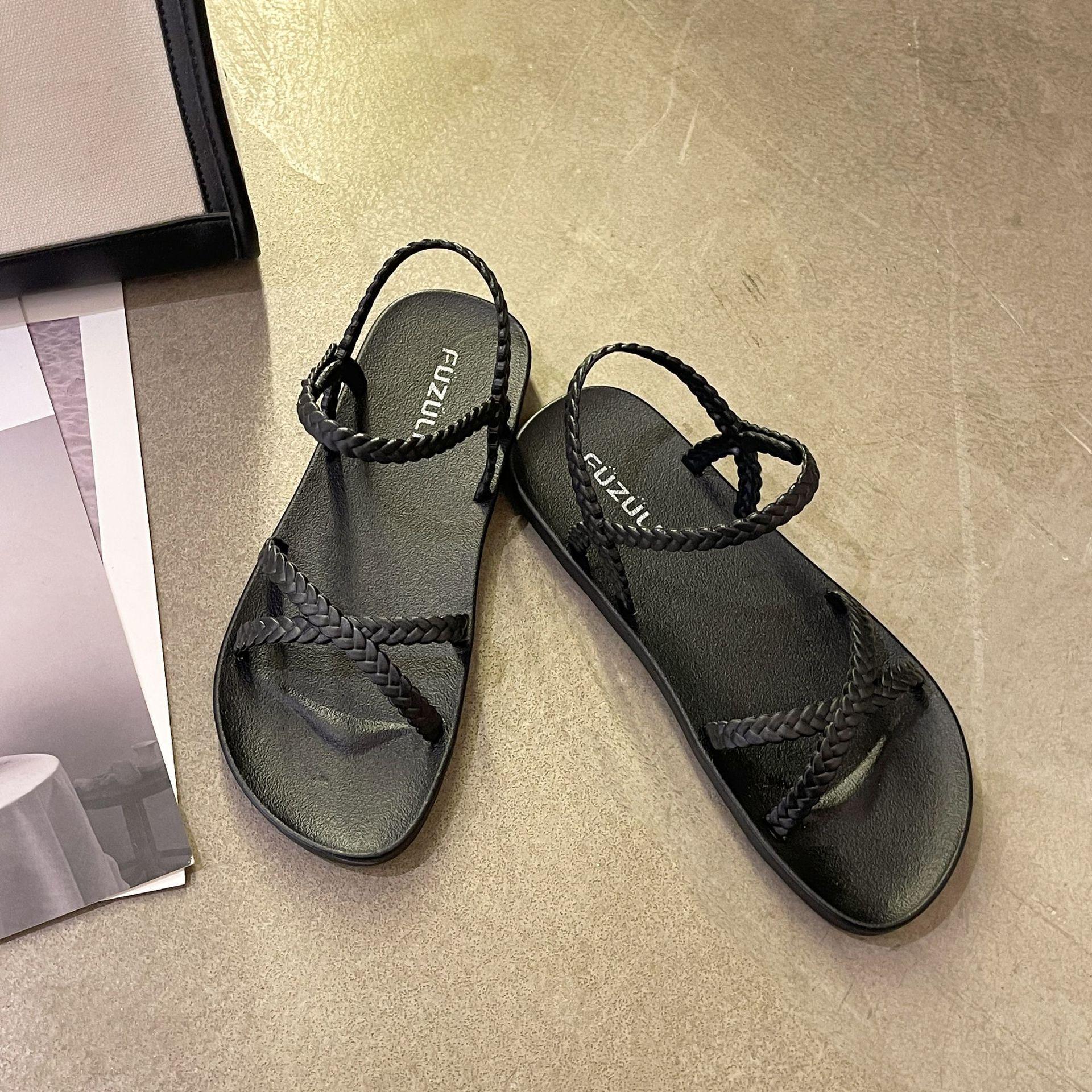 

Удобные женские сандалии на плоской подошве с открытым носком в корейском стиле, модные римские пляжные туфли, повседневные сандалии с плетеными перекрещивающимися полосками для лета 40-41 чёрный