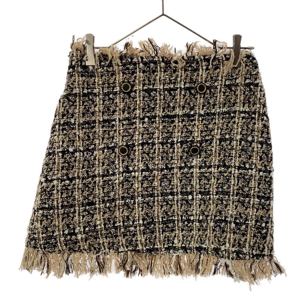 

unused epine check tweed Mini skirt M Beige x black Fringe tagged Women Used