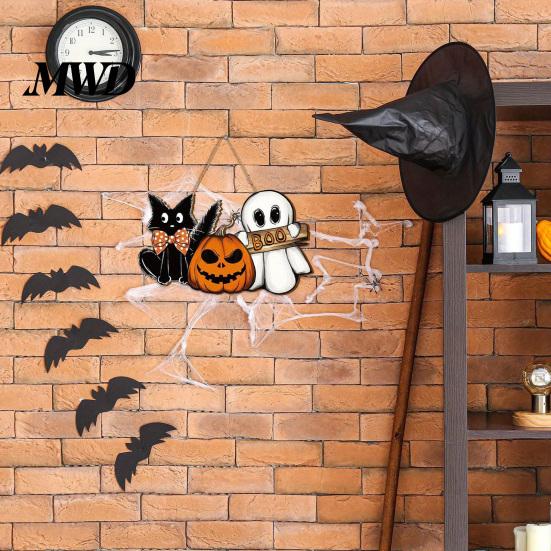 Festive Porch Hanging Plaques Halloween Wooden Welcome Door Sign, Vintage Black Cat Jack-o-lantern Ghost Holiday Atmosphere Room Decor Decoration,