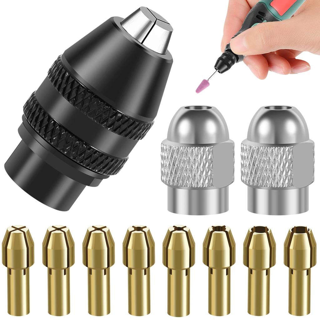 11Pcs Drill Brass Chuck Collet Electric Grinder Collet Set Keyless Chuck 1/32" to 1/8"Replacement Chuck For Drill Rotary Tool