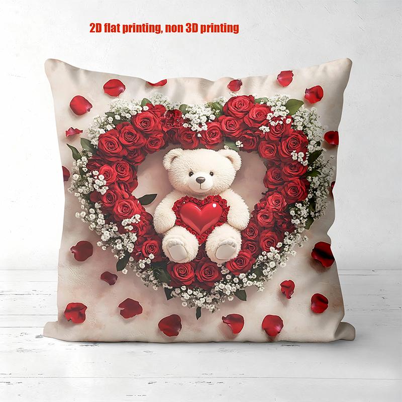 

Teddy Bear Rose Heart Pillows 2D Flat Printing Polyester pillowcase, sofa decorative cushion cov Headboard Pillow 45x45cm