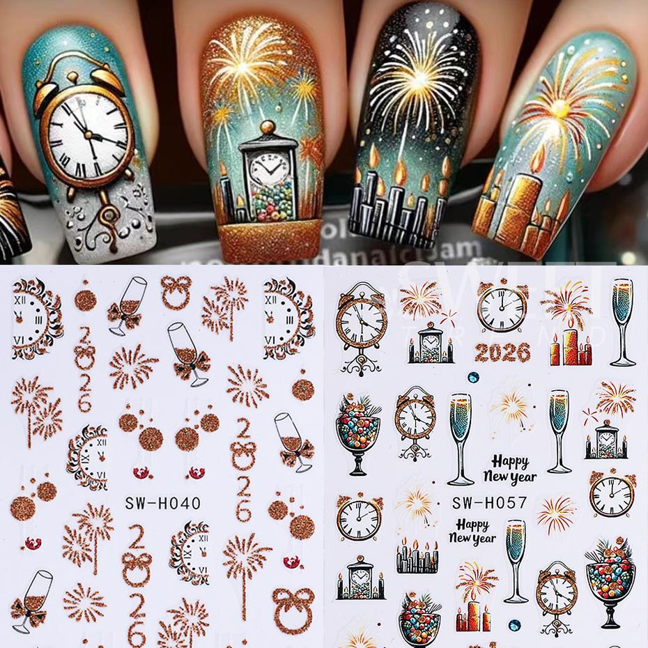 2/3pcs Glitter Christmas Nail Stickers Gold Fireworks Champagne Clock Design Bow New Year Nail Decals Manicure Decor Slider