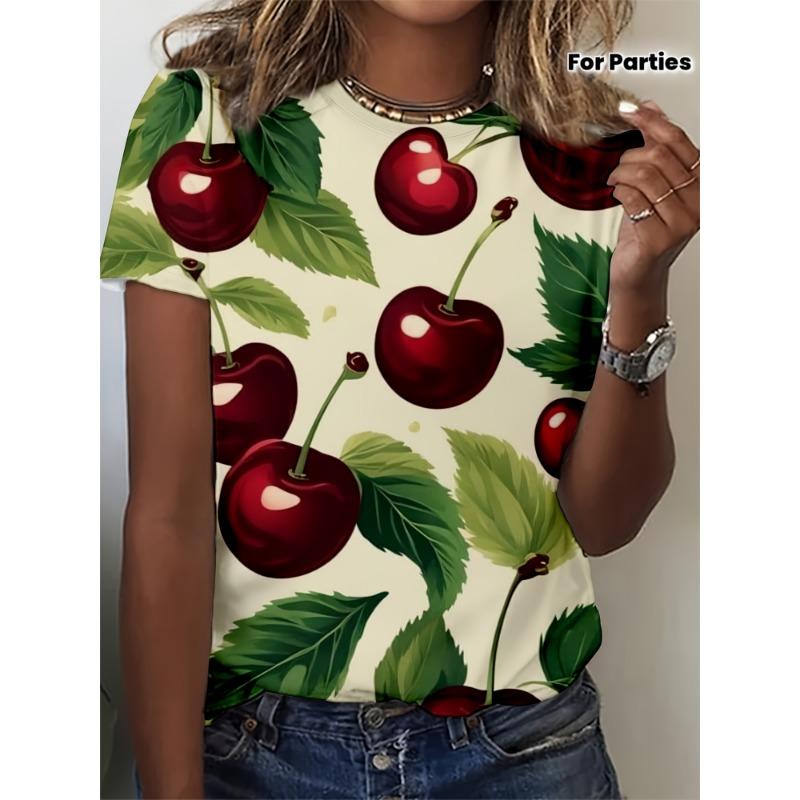Ladies 3D Cherry Printed T-shirt 2XS