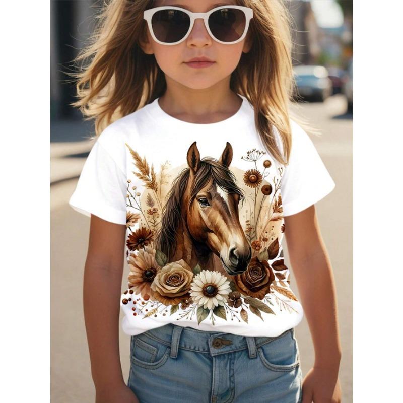 Tops Spring Autumn Printed Clothes Short Sleeve Round Neck Girls' Bottom Top T-Shirt