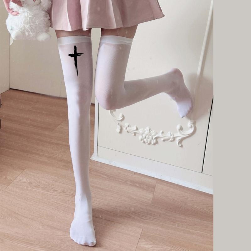 Anime JK Mädchen Kreuz Print Strümpfe Damen Seiden Leggings Strumpfhosen Socken Cosplay Kostüm Über Knie Oberschenkel Hoch Lange Socken