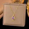 Luxury Romantic Purple Crystal Zircon Flowers Pendant Necklace for Women Bride Wedding Gold Color Stainless Steel Jewelry Gift