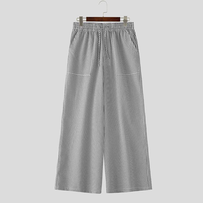 

INCERUN Men Drawstring Elastic Waist Plaid Print Casual Long Wide Leg Pants Trousers 5XL сірий колір