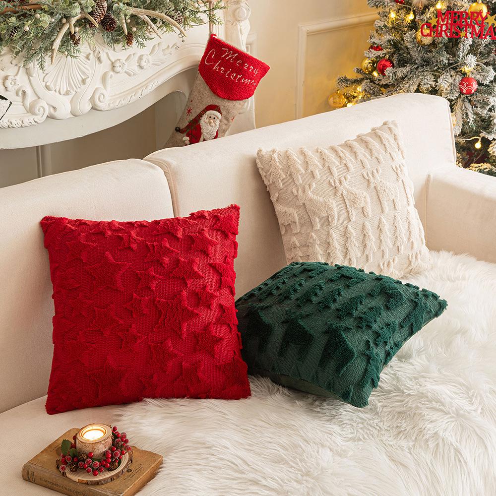 Christmas Throw Pillow Cover Plush Snowflake Christmas Tree Embroidered Living Room Sofa Cushion Holiday Party Decorative Cushion Cover