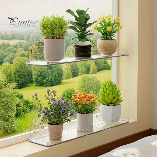 No Drill Window Shelf Plant with Suction Cup And Protective Edge, Clear Acrylic Floating Sturdy Vertical Garden Display Shelf, Wall Mounted