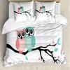 Owl Duvet Cover Single Size, Cartoon Funny Owl Bedding Set, Watercolor Floral Comforter Cover with Zipper Ties and Pillowcases