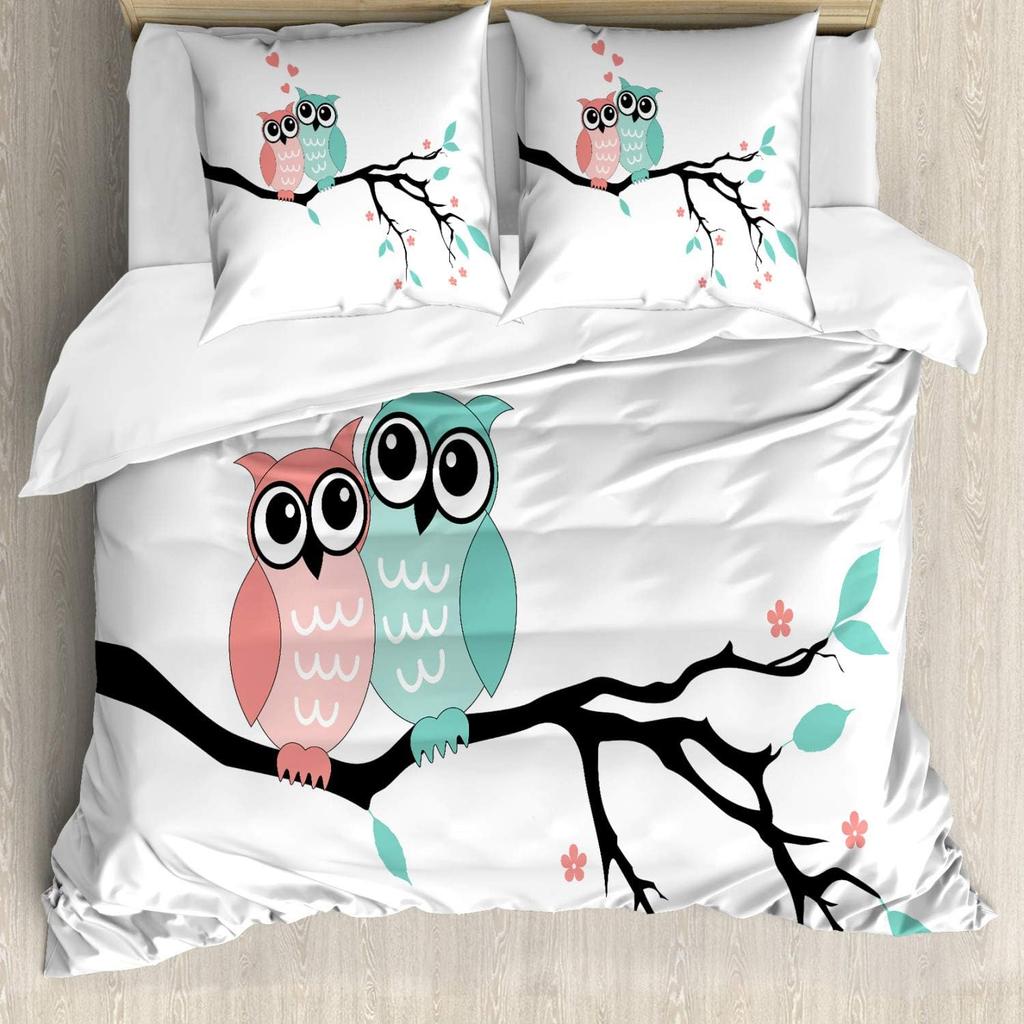 Owl Duvet Cover Single Size, Cartoon Funny Owl Bedding Set, Watercolor Floral Comforter Cover with Zipper Ties and Pillowcases