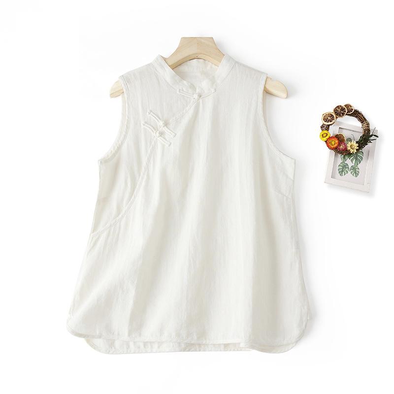 Chinese Vest Women Summer Sleeveless Blouse Retro Buckle Split Linen Shirt Soft