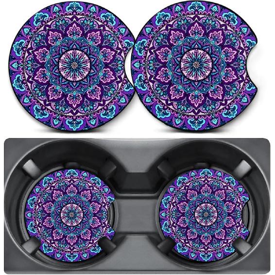 2 Pack Car Coasters for Cup Holders,Mandala Flower Car Cup Holder Coasters,2.75" Universal Size Anti Slip Rubber Mat,Automotive Interior