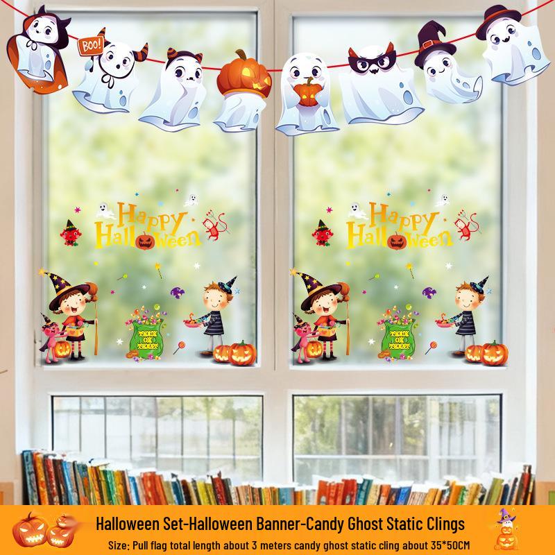 Kürbis Fenstersticker & Atmosphären-Flaggen - Halloween Glasaufkleber für Kindergarten & Geschäfte
