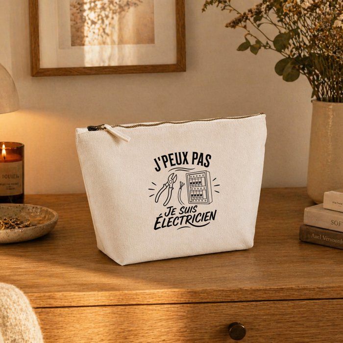 Trousse de toilette - PLANETEE - J'peux pas je suis Électricien - Beige - 100% coton - 3 L