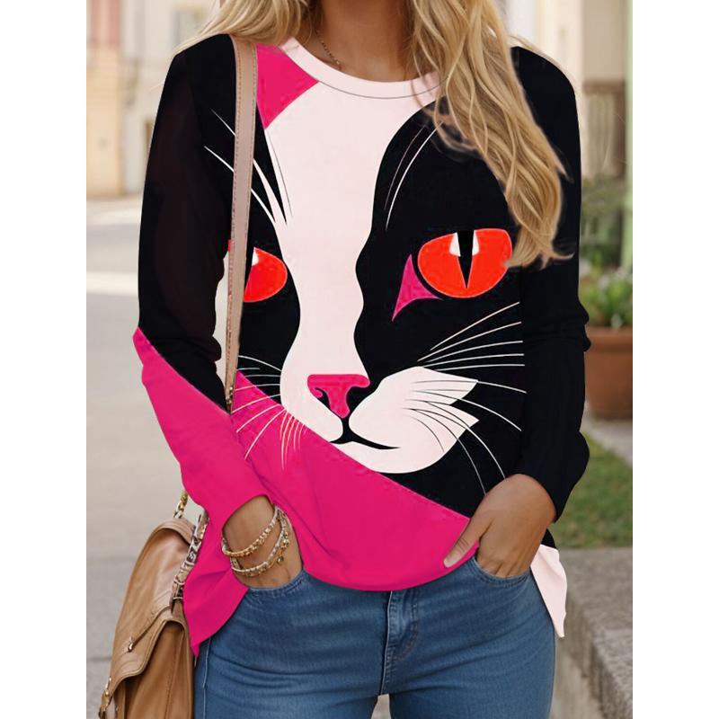 Women's T shirts 3D Print Art Design Cat Pattern Long Sleeve Daily Weekend Fashion Funny Round Neck Regular Fit Spring & Fall
