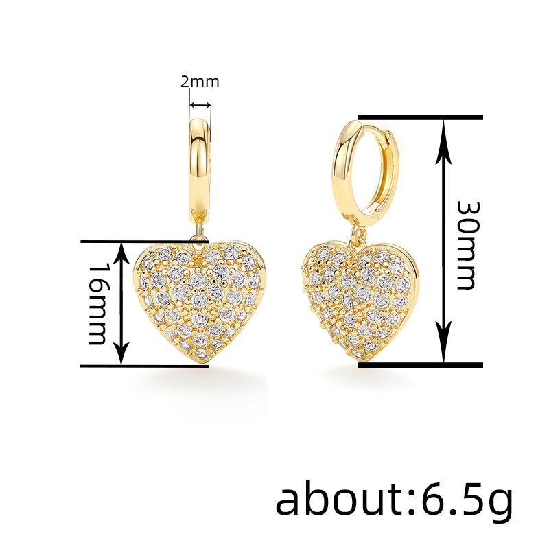 Zircon-Inlaid Love Peach Heart Earrings For Women, Fashionable Temperament Yellow-Gold Jewelry, Popular Daily Elegance