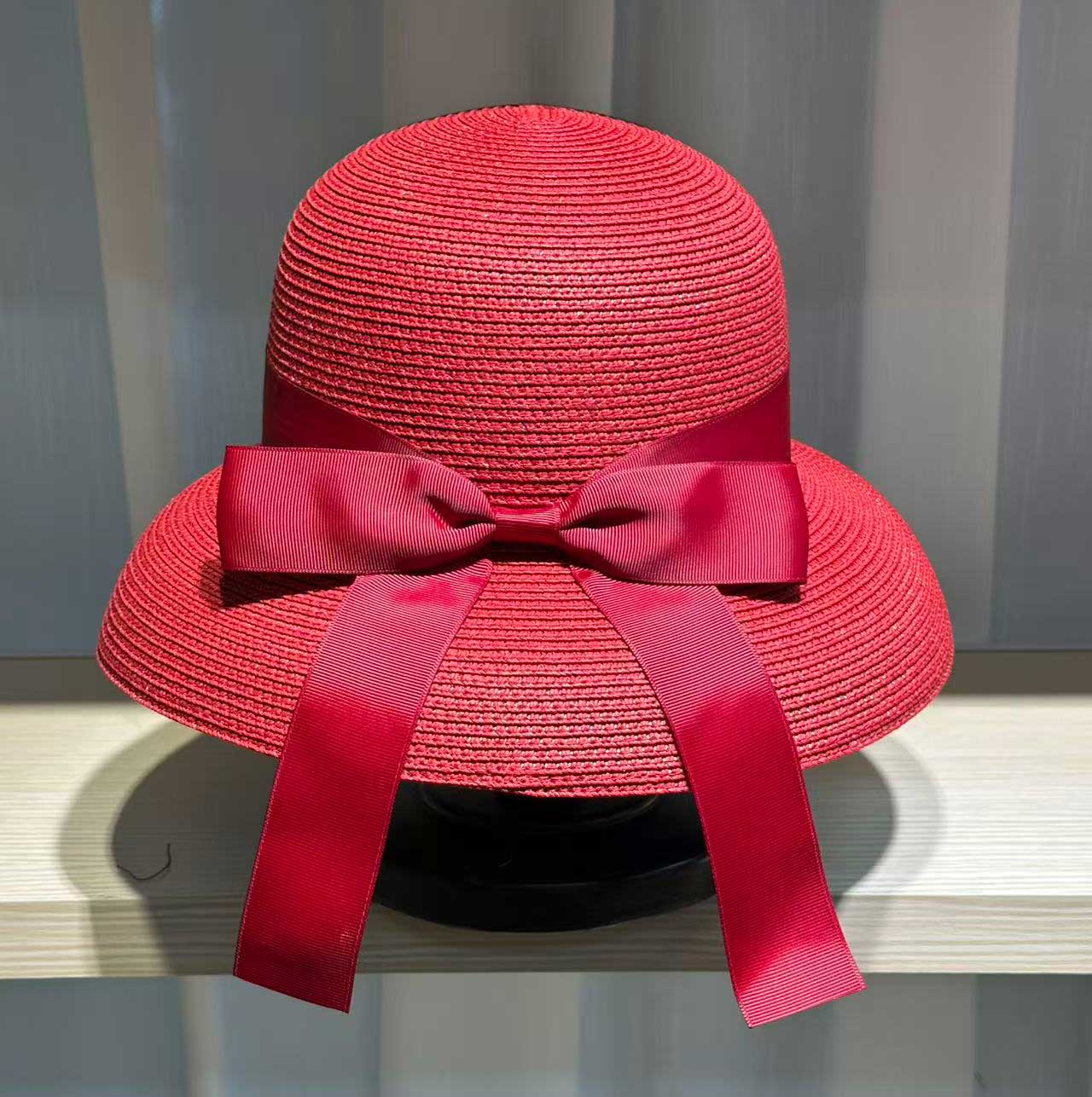 

Lake Blue summer hat Hepburn Style Women s Foldable Beach Hat Bow Ribbon Cover Outdoor Travel sun Hat straw hat M55-58cm
