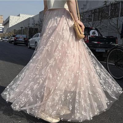 Falda Midi de Tul Línea A de Cintura Alta para Mujer - Corte Ajustado con Bordado de Mariposas, Estampado Floral y Estética Dulce de Hada