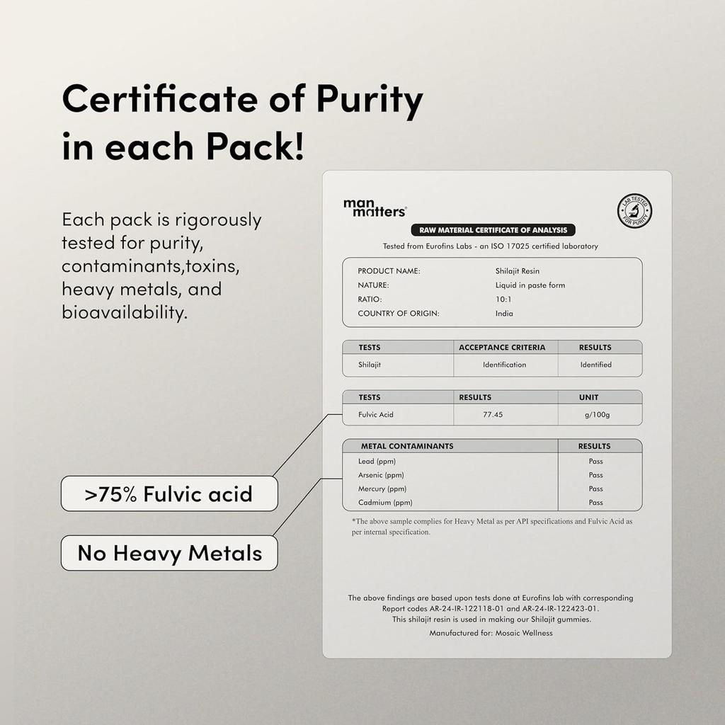 Man Matters Pure Himalayan Shilajit/Shilajeet Gummies with 75% Fulvic Acid & KSM 66 Ashwagandha