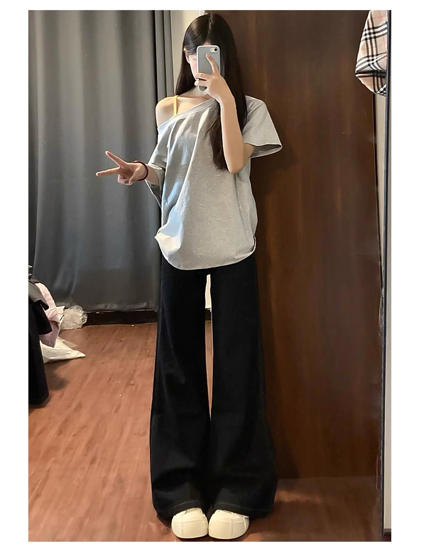 

Женские белые джинсы с микро-клешем и высокой талией - Стройнящие, Повседневные, Длинные брюки-клеш M чёрный