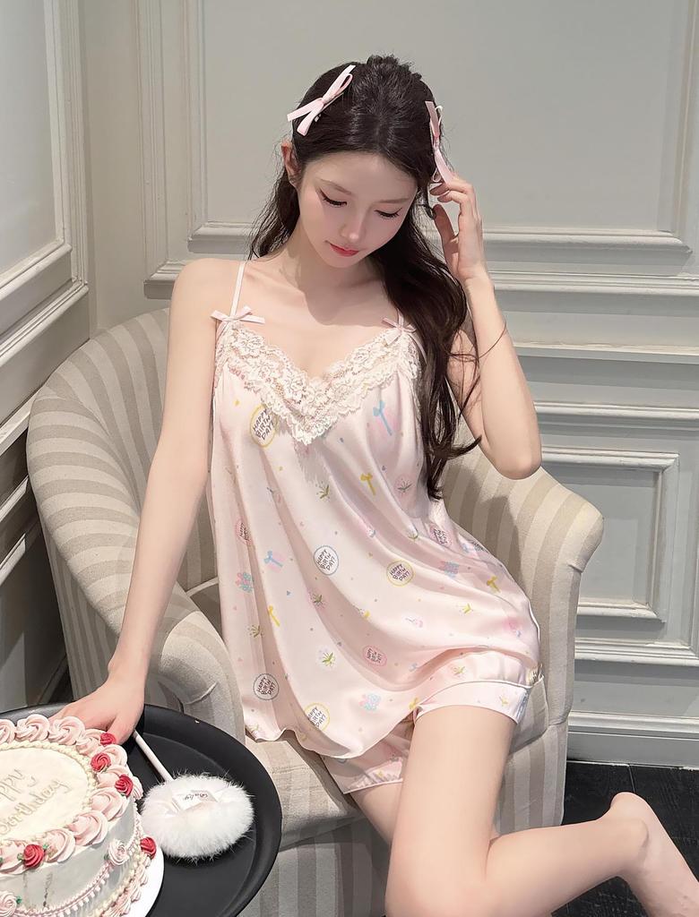 New Pajamas Women's Pure Desire Wind Suspender Shorts Loungewear Printed Pajamas Set Lace