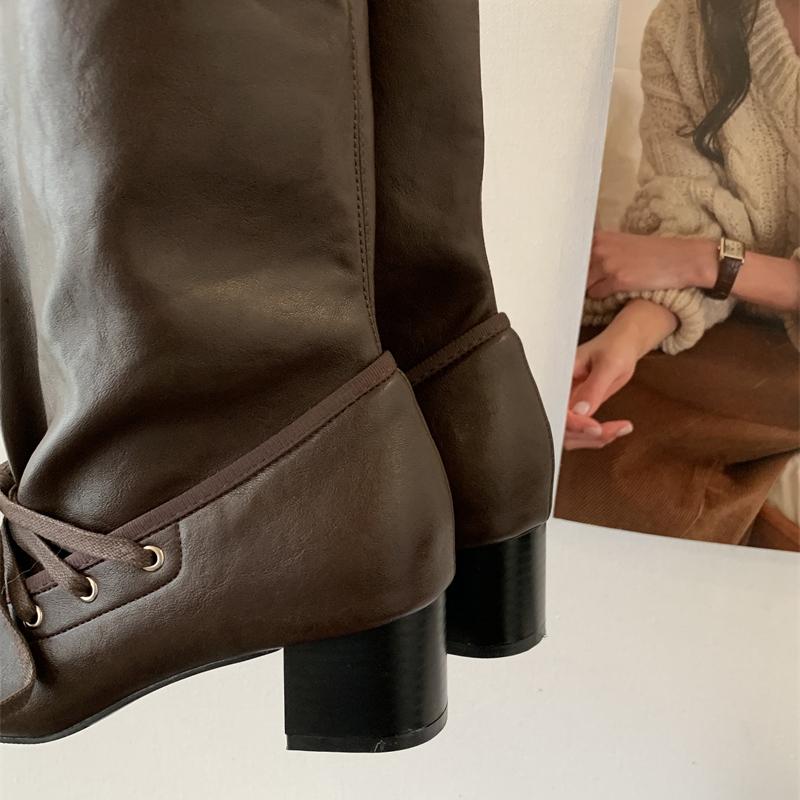 Fashion Eilyken Designer Lace-up Pleated Knee-High Boots Woman Square Low Heels Long Booties Autumn Winter Round Toe Female Shoes