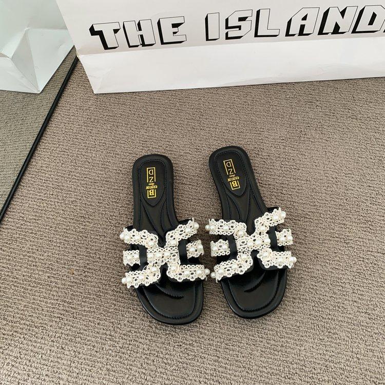 One-word Drag with Skirt Summer New Fairy Small Fragrant Slippers Female Outer Wear Pearl Soft Bottom Soft Surface Cool Slippers