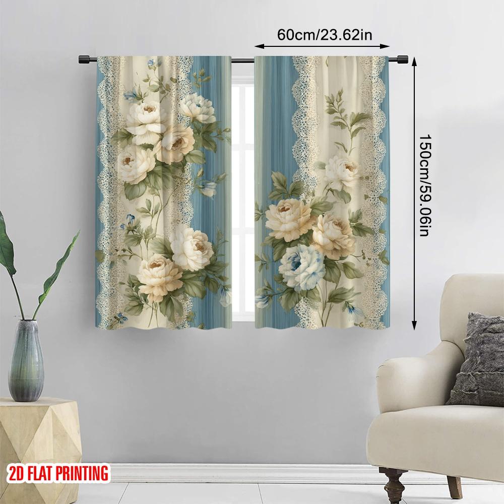 2 szt., druk płaski 2D Zasłona okienna z motywem kwiatowym(1) Wytrzymała tkanina w 100% poliestrowa (bez pręta) Dekoracje do wewnątrz dla