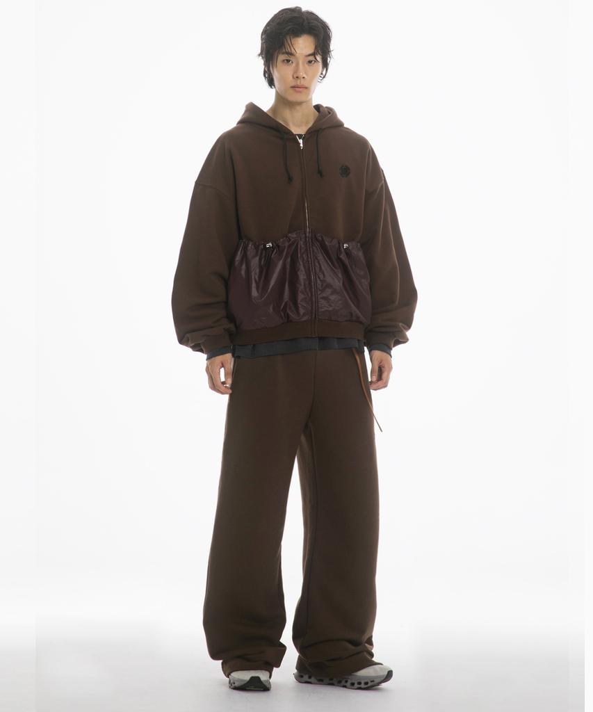 Fanshow (Setup) Pocket Hooded Zipup + Leather Belt Wide Pants- Brown