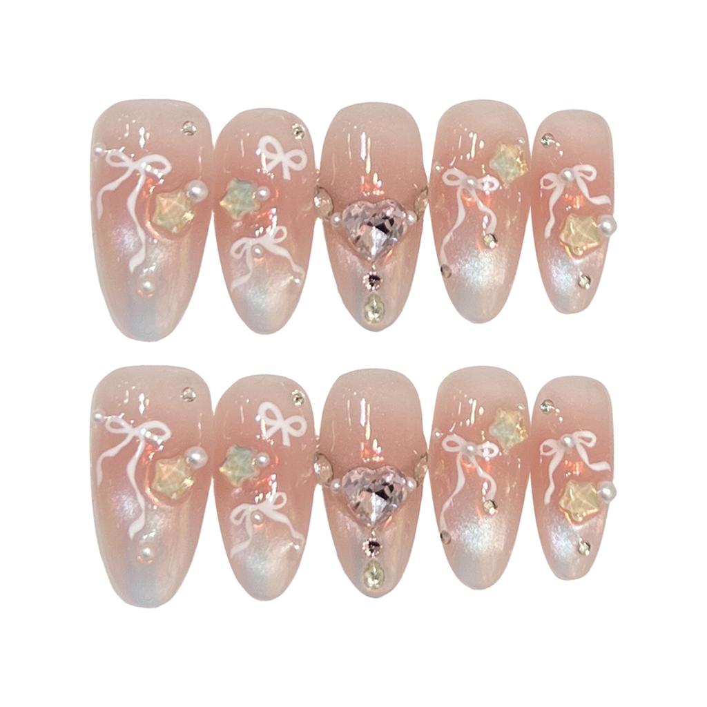Butterfly Knots Press on Nails Rhinestone Glitter Pearl DIY Artificial Nails French Style Design Fake Nails