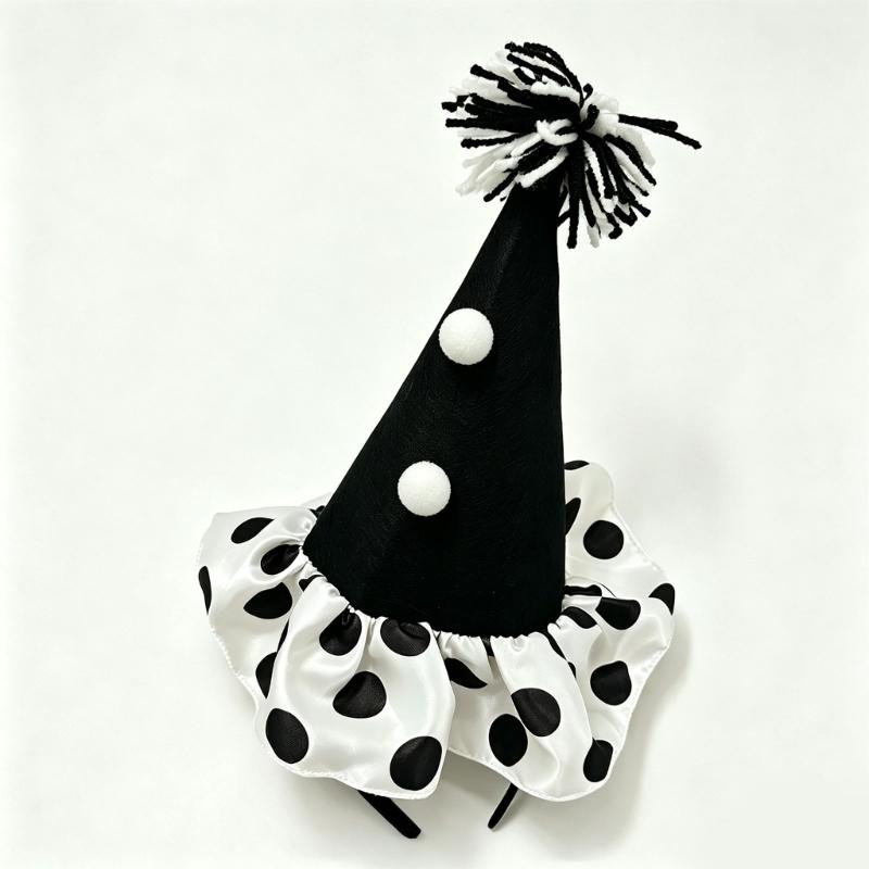Upright Mini Party Clown Hat Accessory with Preassembled Headband for Quick Party and Costume Outfit Finishing and Styling