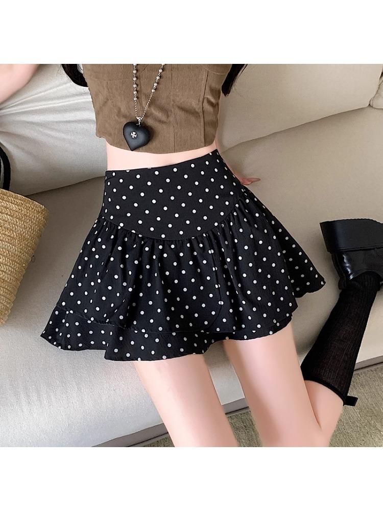 Plus Size Grey Polka Dot A-line Short Skirt for Autumn - High Waist Fluffy Cake Design for Women