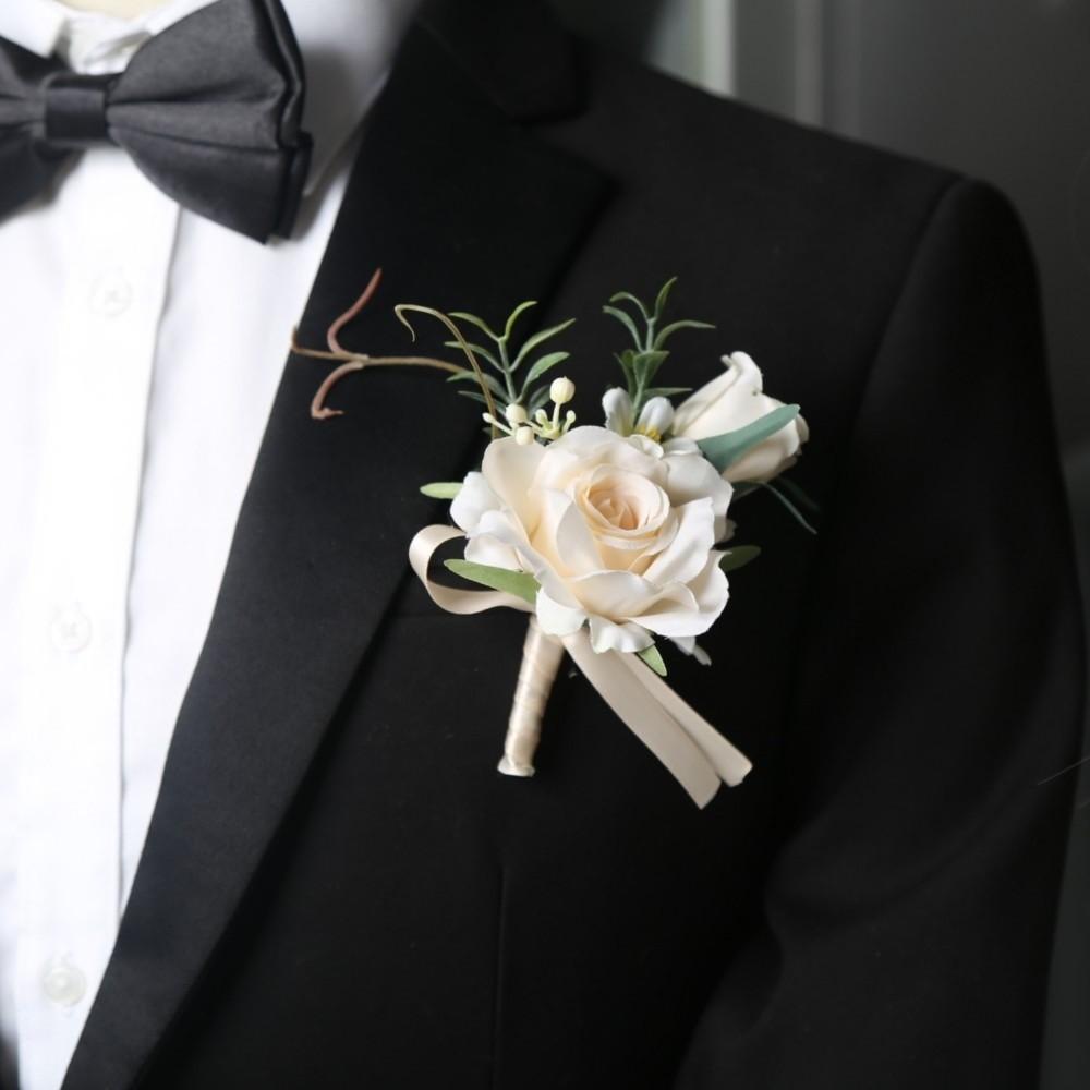 Pearl White Roses Artificial Boutonnieres Flowers Silk Flowers Groom's Chest Flower Bride