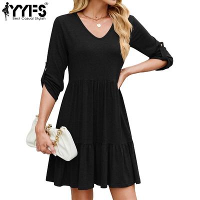 Vestidos casuales de cintura alta con cuello en V y mangas 1/2 con estampado de color sólido para verano y primavera a la moda para mujer