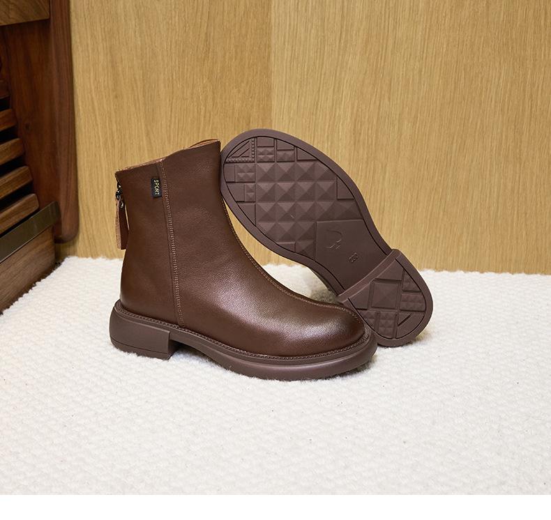 Women's Vintage Korean Style Mid-Calf Leather Martin Boots, Autumn/Winter Collection, Plus Size, Back Zipper, Casual Slimming Design.
