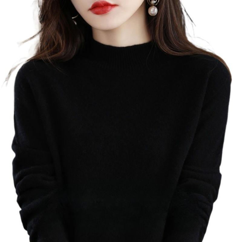 Halbhoher Pullover für Damen im Herbst und Winter, Verdickter einfarbiger lockerer Wollpullover, Kombiniert mit einem Unterhemd