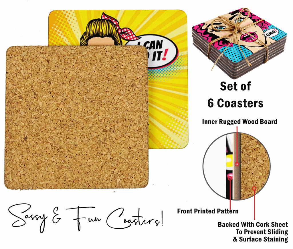 Inkdotpot Set of 6 Drink Coasters Easy Clean 4 Inch Square  Coasters  Cork Base-  Reusable- Funny Bachelor