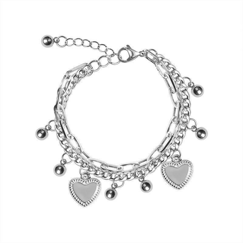 Dark Alloy Double Layer Bracelet with Heart, Little Bear, and Cross Pendants