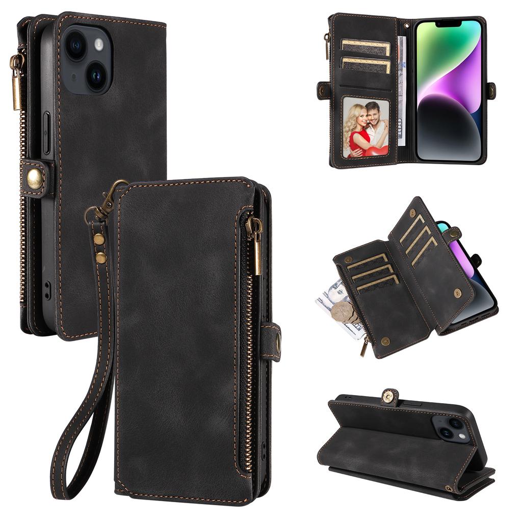 For iPhone 15 RFID Blocking Stand Leather Case Drop-proof Phone Cover Zipper Pocket Wallet with Strap