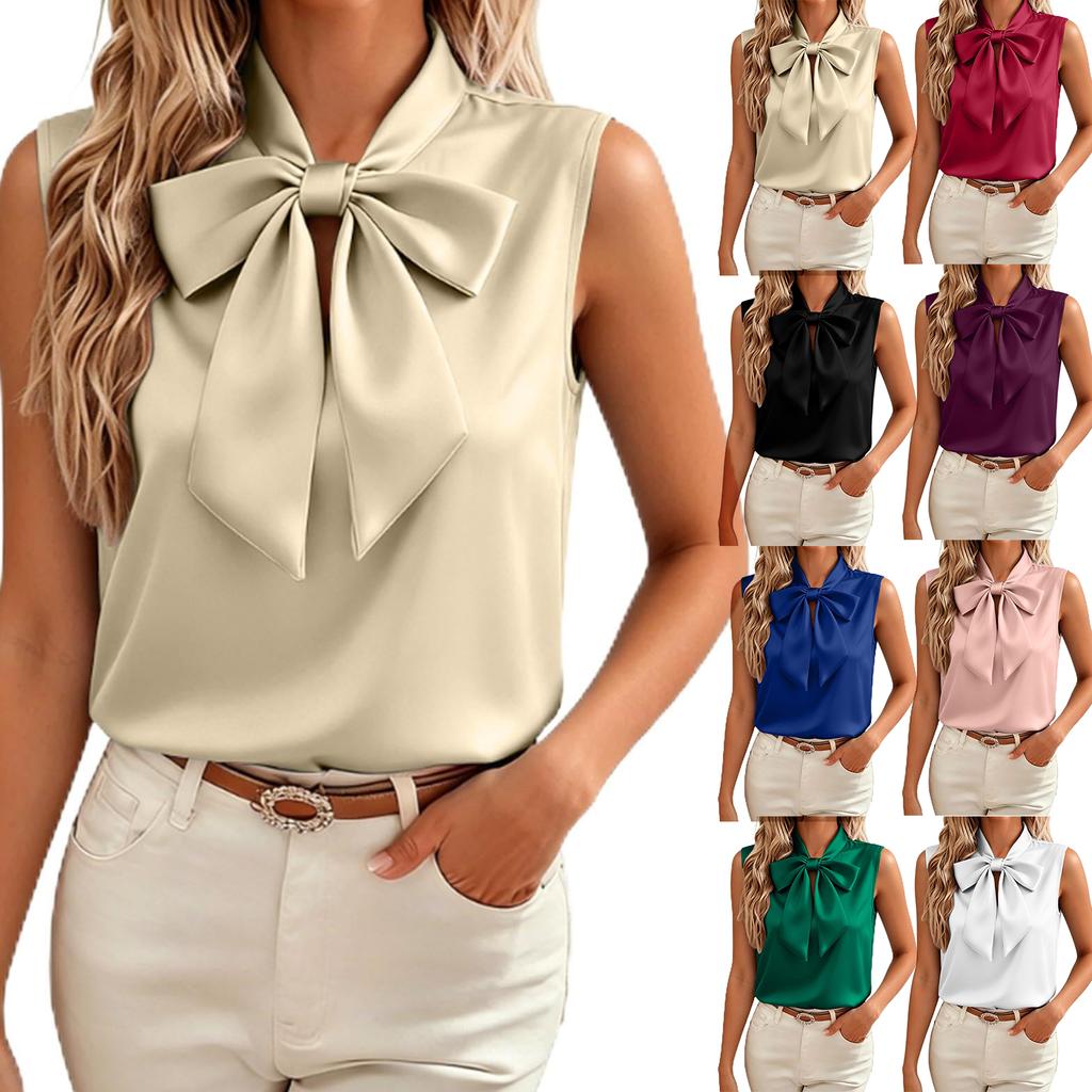 Sleeveless Satin Blouse for Women with Bow Tie Neck Elegant Casual Office Top Soft Fabric Stylish Fit Suitable for Various Occasions