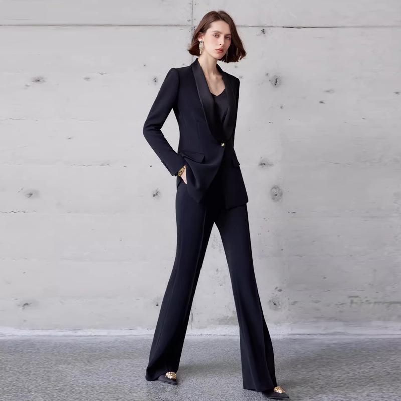 Women's Presidential Style Acetate Pantsuit: High-End, Professional, Slimming, Wide-Leg Two-Piece Set.