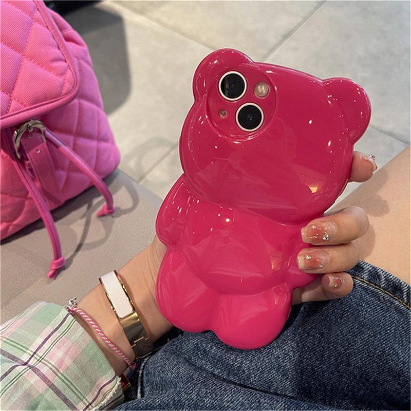 Ins Korean Cute 3d Cartoon Bear Pink Phone Case For Iphone 14 13 12 11 Pro Xs Max X Xr Lovely Animal Shockproof Soft Back Cover