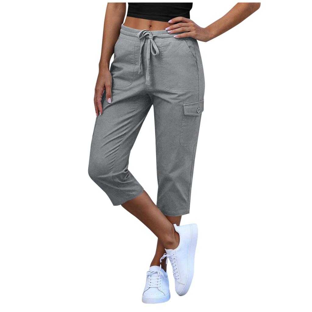 Women Elastic High Waist 3/4 Pant Casual Fit Wide Capris Leg Pants Trousers With Pockets
