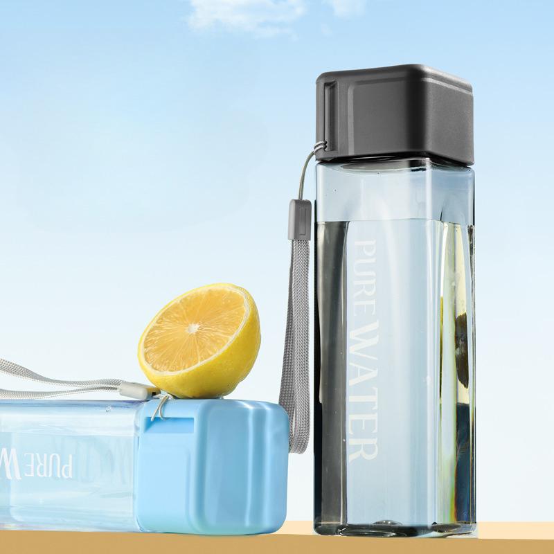 500ml Large Capacity Square Shape PC Plastic Water Bottle With Carrying Rope Portable Straight Drink Cup For Office Outdoor Gym