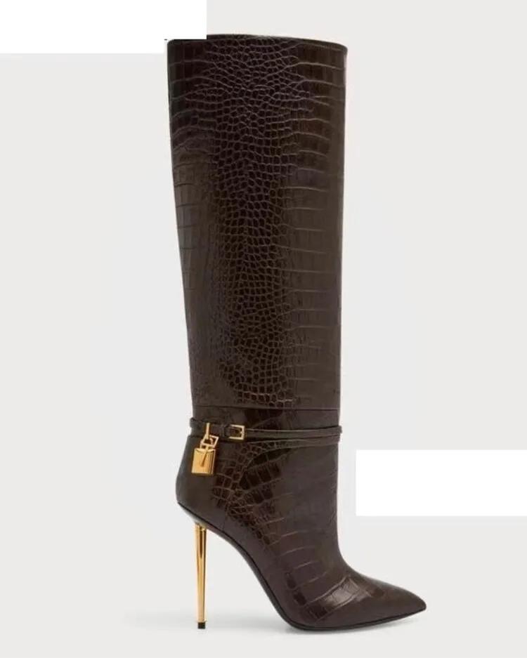 Módní Dámské Sexy Kovová Spona Dekorace Kotníkové Boty Podzim Zima Nové Zlatý Vysoký Podpatek Špičaté Přezka Pásku Módní Dlouhé Boty Velikost 34-43