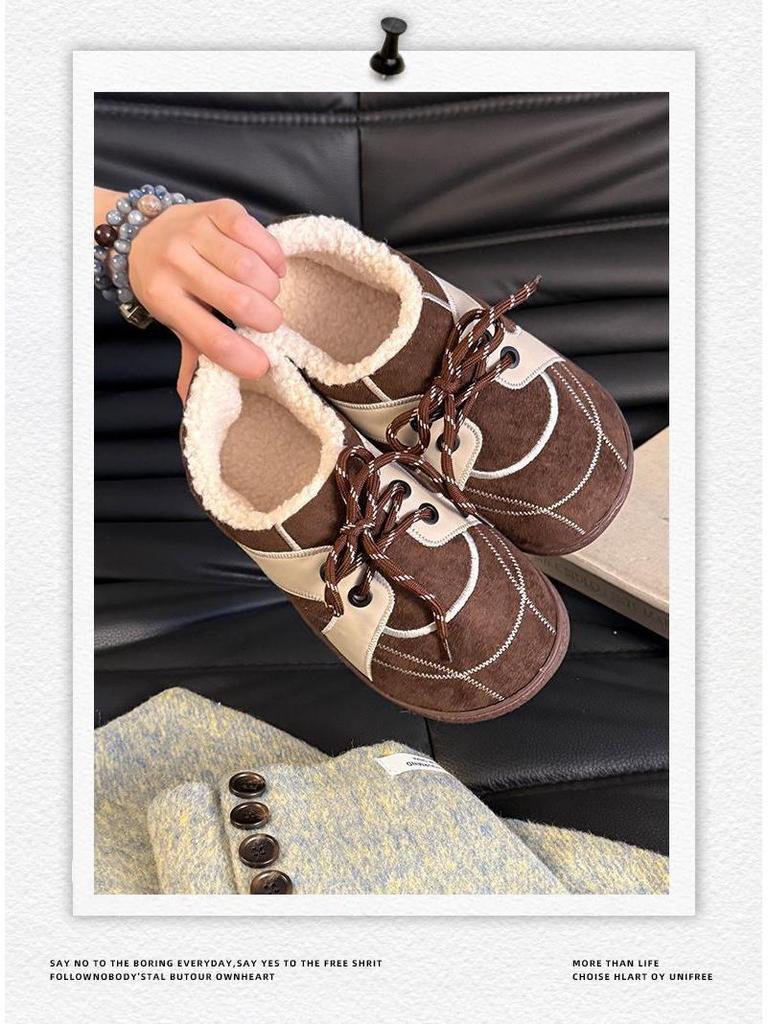 Set of 2 Women's Retro Dexun Cotton Slippers - Autumn/Winter, Lace-Up, Non-Slip, Thick-Soled, Warm & Cozy.