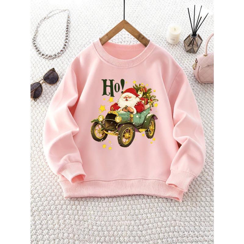 Kids Crewneck Sweatshirt, Santa Claus Driving Vintage Car Print Soft Casual Long Sleeve Top
