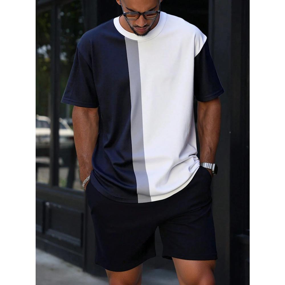 Contrast Color Short Sleeve Top Shorts Men's Summer Versatile Comfortable Fashionable Casual Drawstring Shorts Large Size Short Sleeved Sport Wear