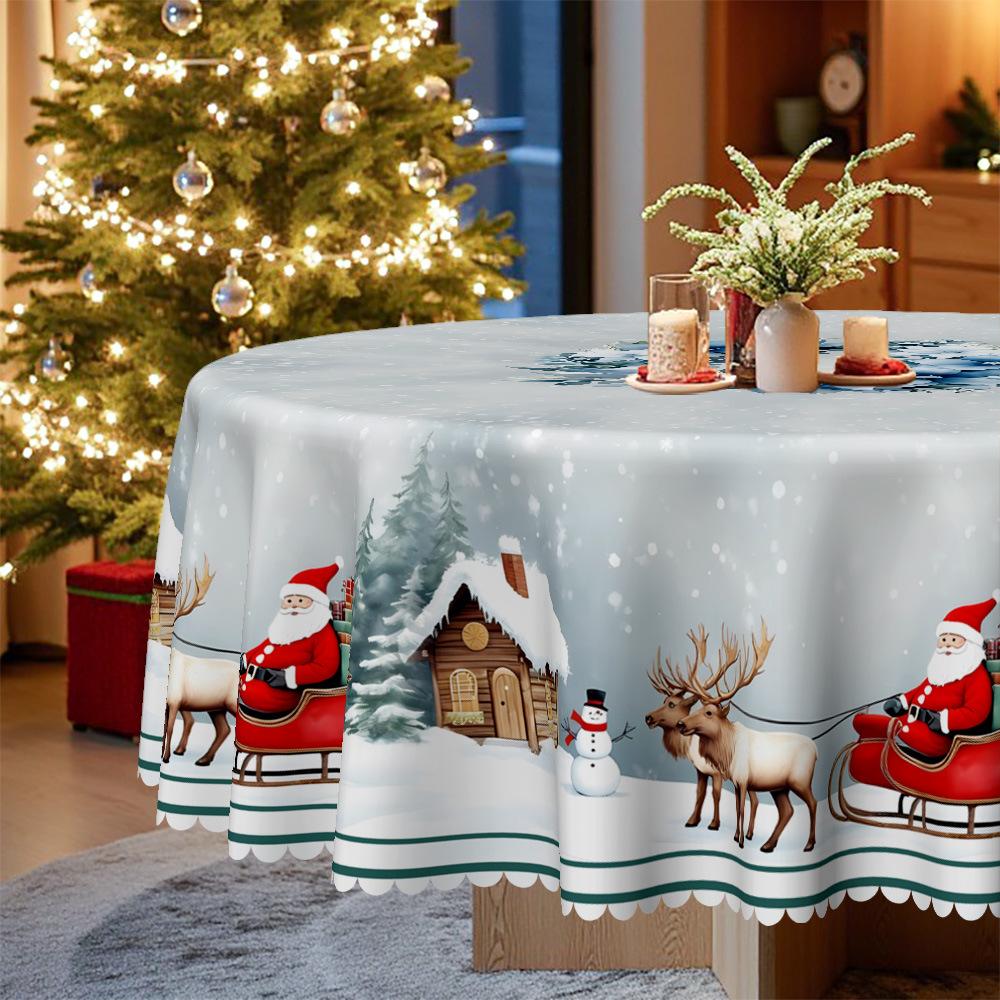 Christmas Tablecloth Snowflake Elk Reindeer Igloo, European Round Tablecloth Waterproof Leave-In, Household Dining Table Decorative Cloth